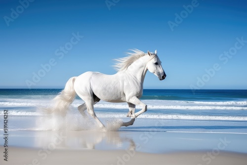 White horse in gallop on the beach. Animal in motion. Generative ai.