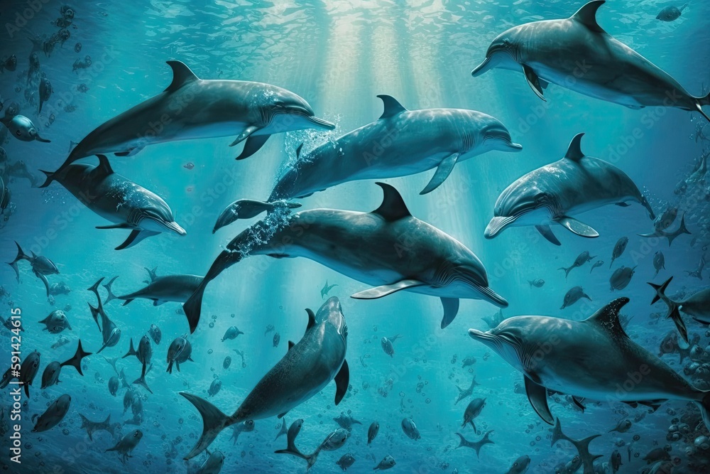 dolphins swimming and leaping in the ocean. Generative AI dolphins swimming and leaping in the ocean. Generative AI