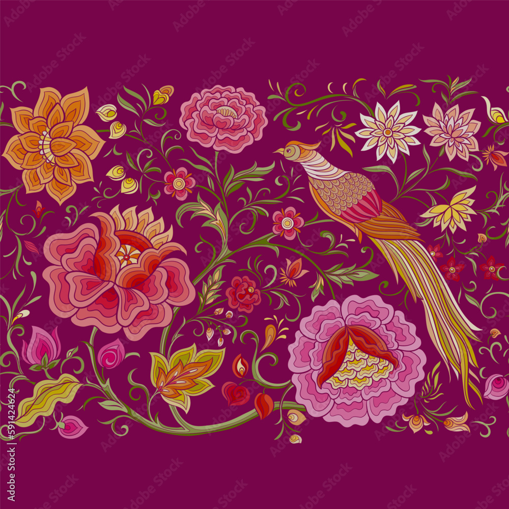Fototapeta premium Fantasy flowers and pheasant bird in retro, vintage, chinese silk on velvet embroidery style. Seamless pattern, background. Vector illustration.