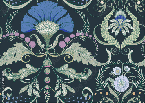 Decorative flowers and leaves in art nouveau style, vintage, old, retro style. Seamless pattern, background. Vector illustration.
