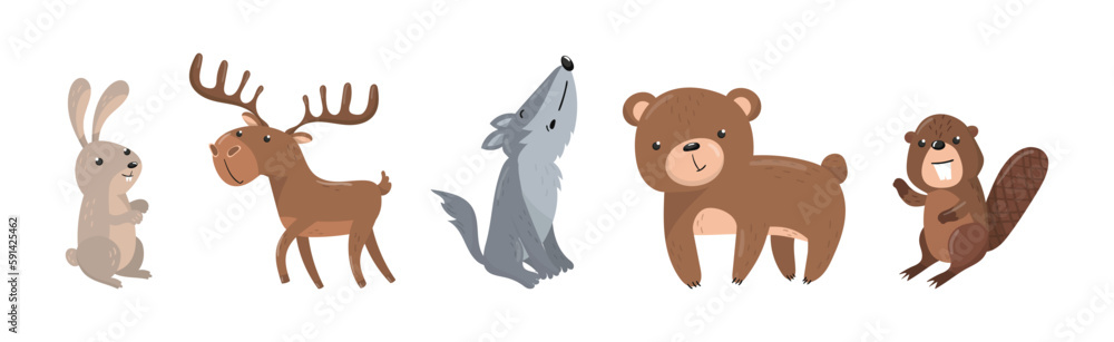 Woodland Animals with Bunny, Elk, Wolf, Bear and Beaver Vector Set Woodland Animals with Bunny, Elk, Wolf, Bear and Beaver Vector Set