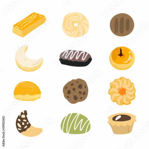 Kue Lebaran are Indonesian traditional cookies for Eid Mubarak celebration and consisted of Nastar, Putri Salju, Kastengel, Kue Semprit, Almond Crescent, Choco Chip Cookie. Vector Illustration