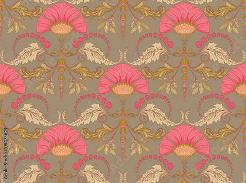 Decorative flowers and leaves in art nouveau style, vintage, old, retro style. Seamless pattern, background. Vector illustration.