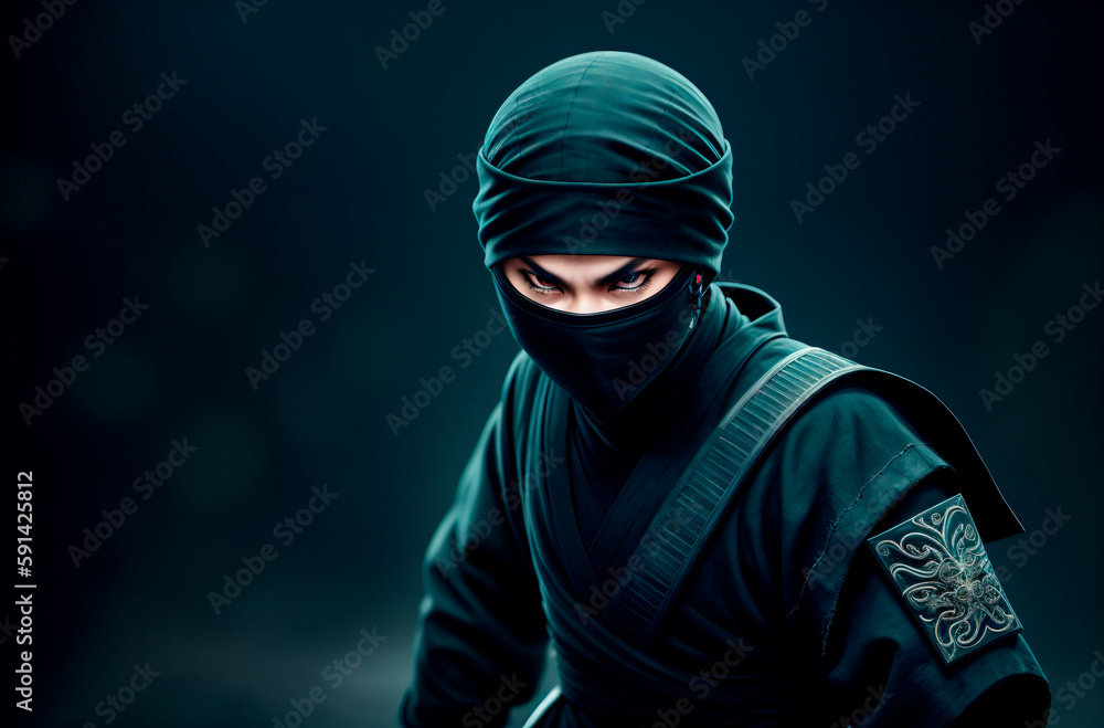 a male ninja with a black mask on his face covering his face. Generative AI. a male ninja with a black mask on his face covering his face. Generative AI.