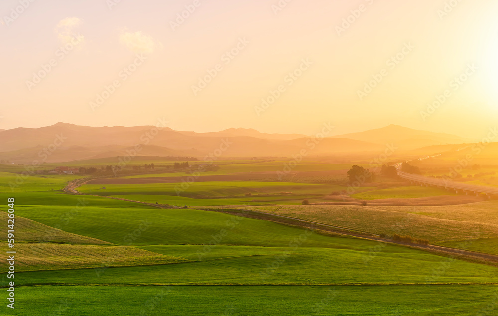 Obraz premium beautiful green valley with green fields with green spring grass with nive hills and mountains and scrnic colorful cloudy sunset on background of landscape