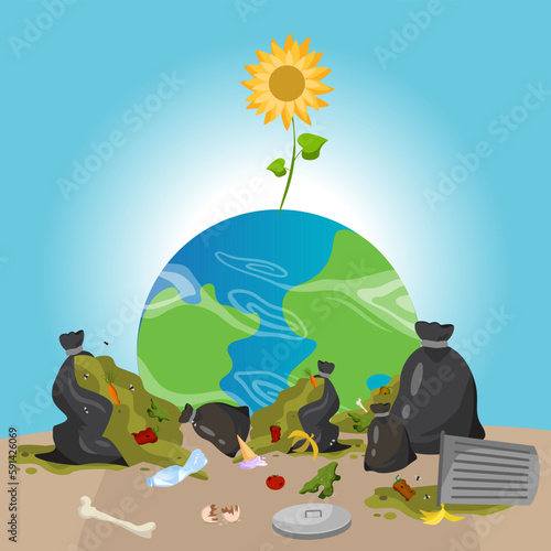 polluted planet vector sprouts sunflower trash dirty earth
