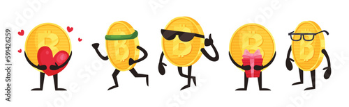 Golden Bitcoin Humanized Character Engaged in Different Activity Vector Set