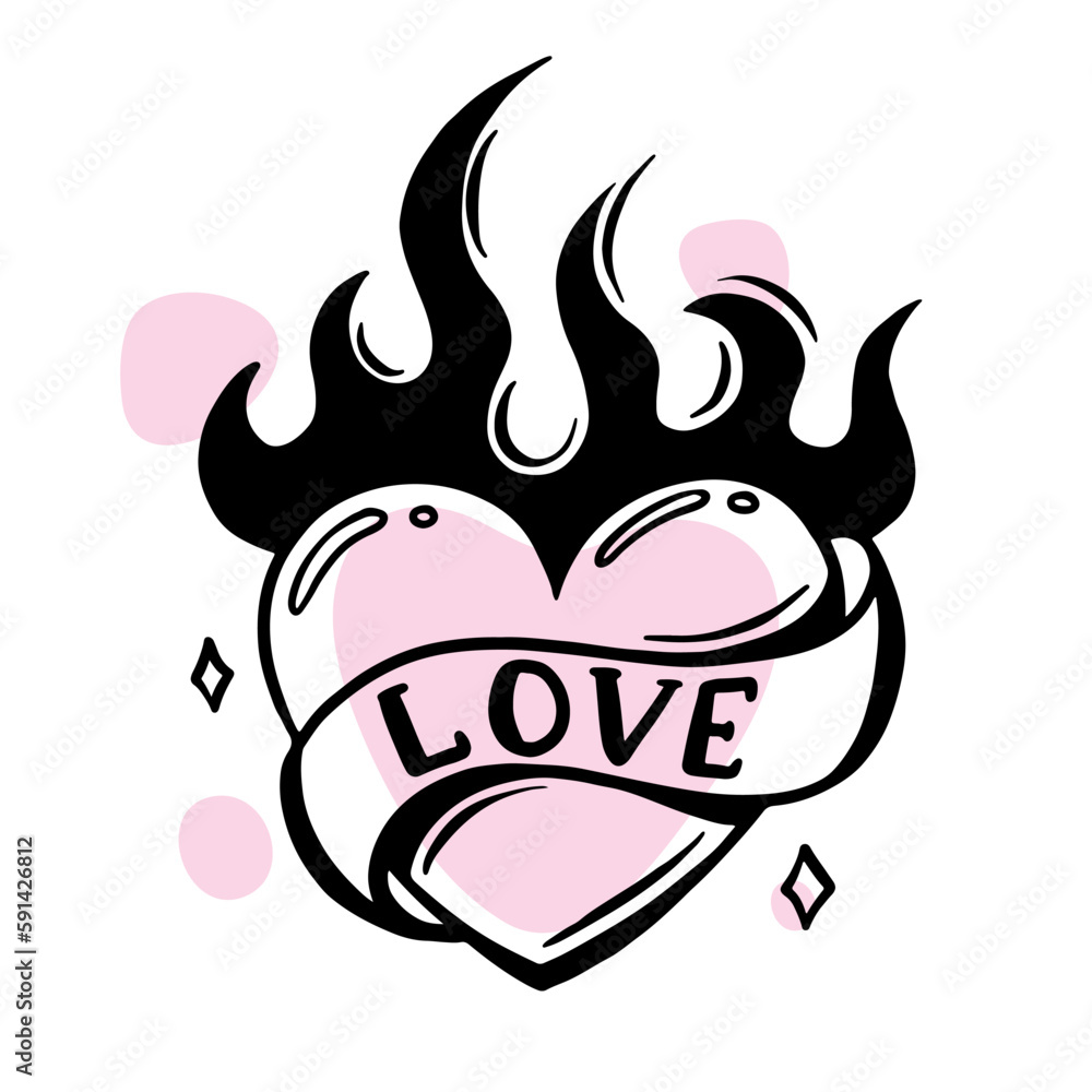 Obraz premium transferable temporary girl tattoo. A hot heart with a flame . Love, passion. lineart, engraving.