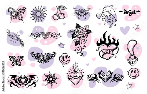 A large set of transferable temporary girl tattoos. Celtic pattern. Emo, goths, heart, style of the 90s.
