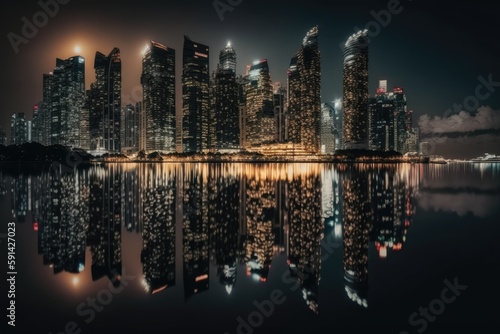 city skyline at night with reflections in the water. Generative AI
