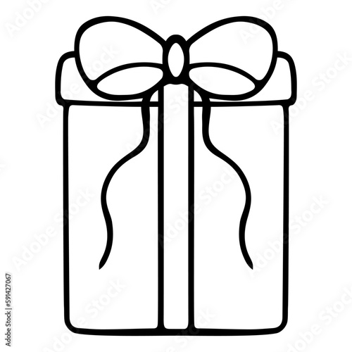Gift in a rectangular elongated box. Sketch. The surprise is decorated with a bow with ties. Vector illustration. Isolated background. Coloring book for children. Doodle style. Holiday package
