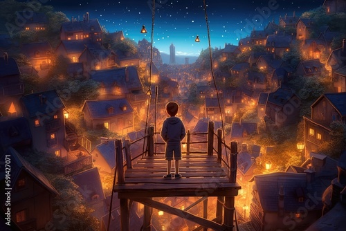 Realistic image illustration of a kid on top of a ladder looking at a magical town going to sleep