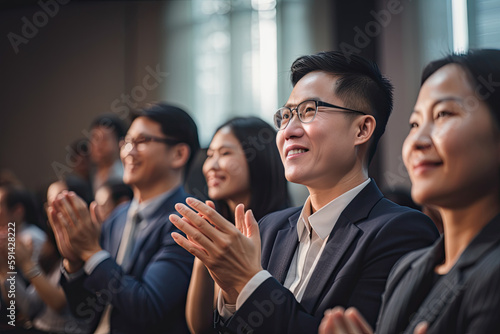 Group of Asian business people clapping and applauding in seminar room  Selective focus  Generative AI