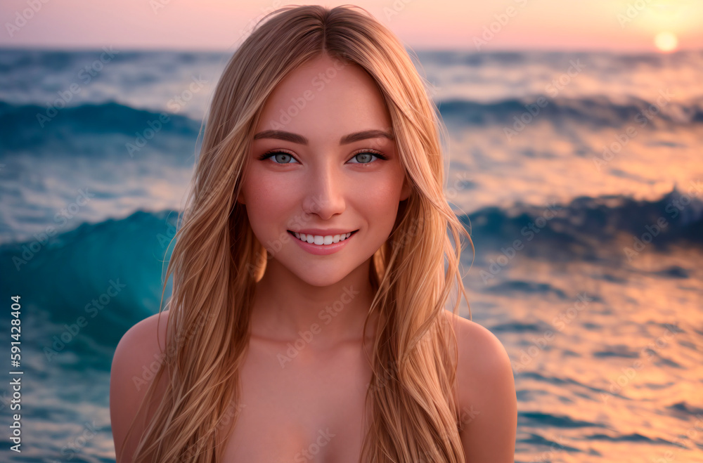 Naked woman on background of seascape. Portrait of young female smiling on background of ocean, sea at sunset. Generative AI.