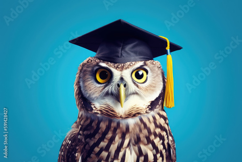 wise owl with graduation cap isolated un blue background. concept of wise bird, knowledge sharing, base knowledge, academic education. generative ai