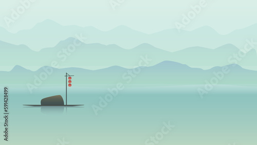 A fishing boat floating on the misty river surrounded by mountains. Chinese style illustration background.