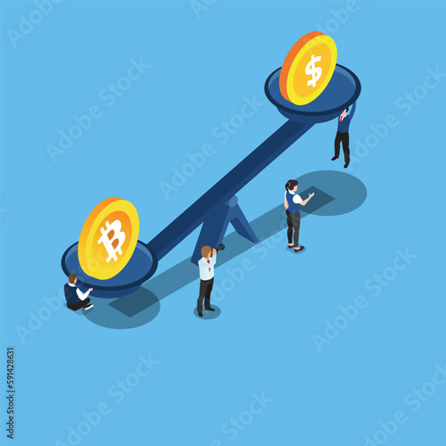 Bitcoin and crypto currency store of value compare to dollar money 3d isometric vector illustration concept for banner, website, landing page, ads, flyer template
