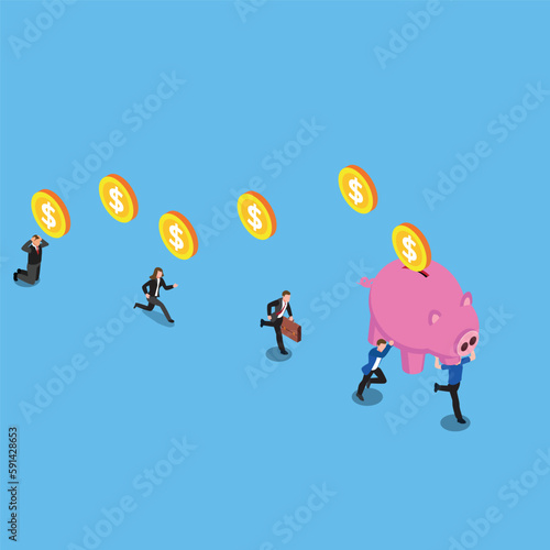 People running holding piggy bank - Saving strategy 3d isometric vector illustration concept for banner, website, landing page, ads, flyer template