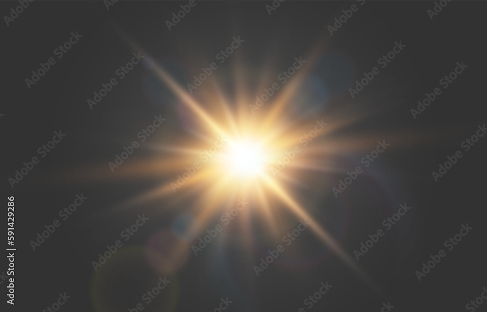 Vector flash light effect. Glow light effect, bright sun or spotlight beams. Decor element isolated on dark background.