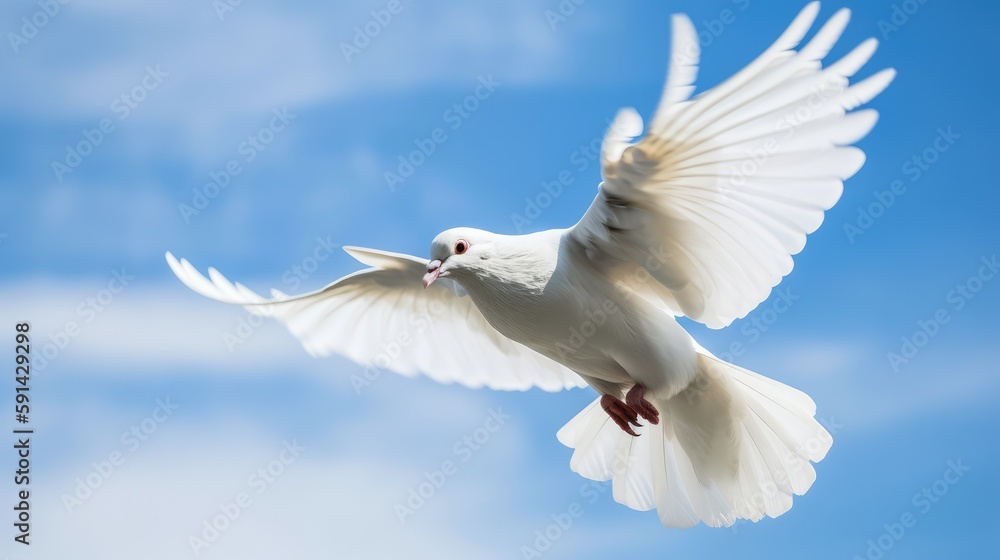 White dove on sky. Animal in motion. Generative ai. White dove on sky. Animal in motion. Generative ai.