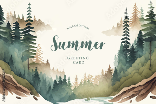 Summer watercolor forest landscape