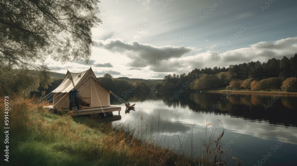 Camping tent by the lake with reflection in the water. Vintage style.