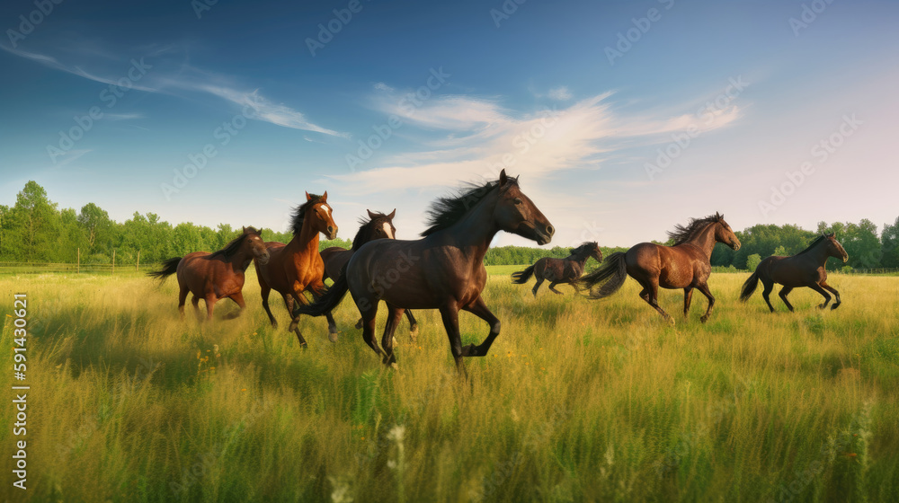 Horses galloping in the meadow at sunset. Motion blur Horses galloping in the meadow at sunset. Motion blur