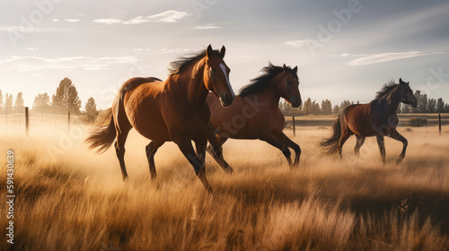 Horses galloping in the meadow at sunrise. Motion blur. © Barosanu