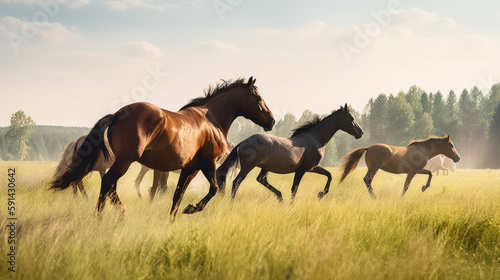 Horses run gallop in the meadow on a sunny day