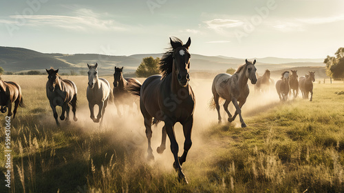 Herd of horses running on a meadow in the morning light