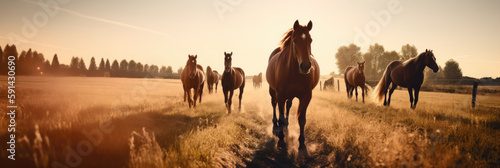 Horses running in the field at sunset, panoramic view