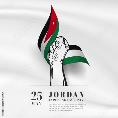 Square Banner illustration of Jordan independence day celebration with text space. Waving flag and hands clenched. Vector illustration.