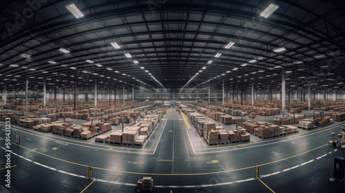 Panoramic view of warehouse with rows of cardboard boxes.