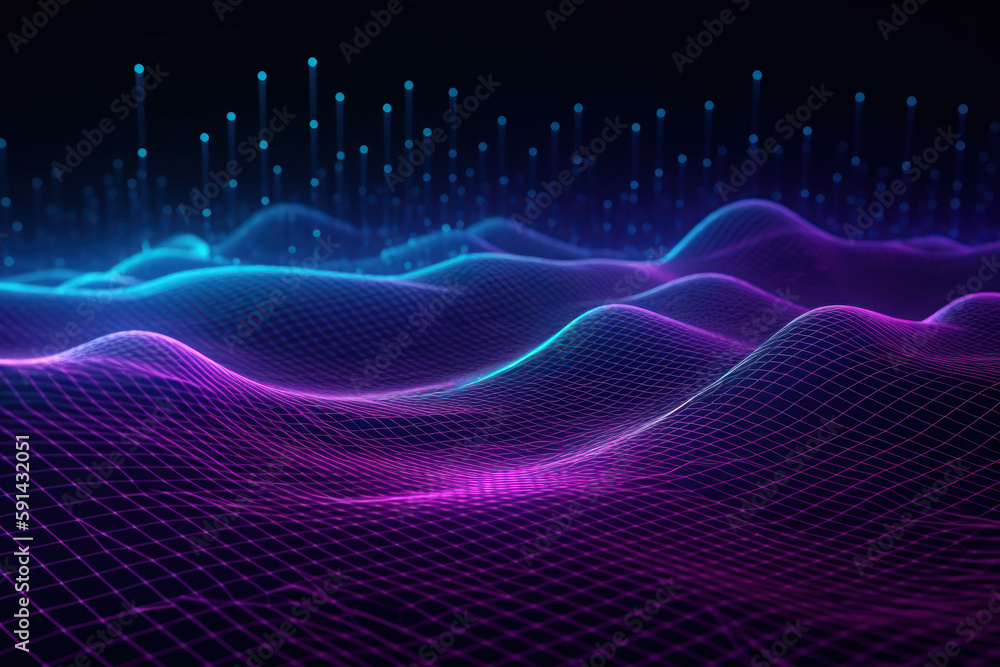 Metaverse wave background with connected digital graph blocks. Neon and blue background. Cyberspace, data science virtual reality concept. Generative AI.