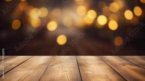 Empty wooden table in summer night background with the blurred green garden and picnic or BBQ in the background. Generative AI