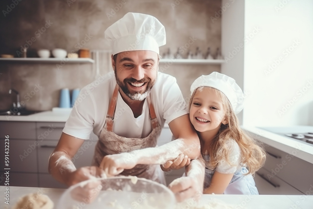Happy father with kids having fun cooking in kitchen, Fathers day concept. Generative Ai Happy father with kids having fun cooking in kitchen, Fathers day concept. Generative Ai