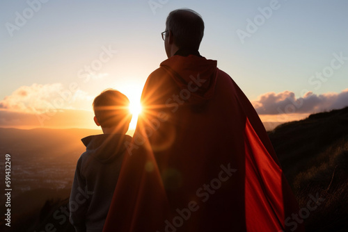 Superhero father and son looking into the distance at sunset, Father's day Illustration, Generative AI