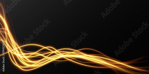 Golden glowing swirl. Light speed motion effect. Light trail. Shiny wavy path. Vector.