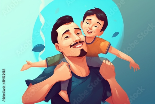 Father's day Illustration, Father having fun with his little child concept for card. Generative AI