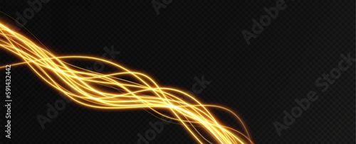 Golden glowing swirl. Light speed motion effect. Light trail. Shiny wavy path. Vector.