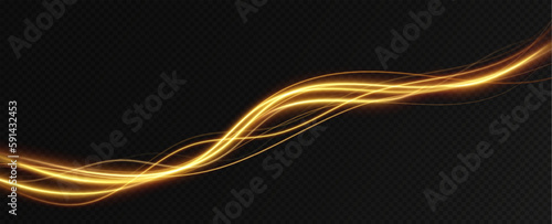 Golden glowing swirl. Light speed motion effect. Light trail. Shiny wavy path. Vector.