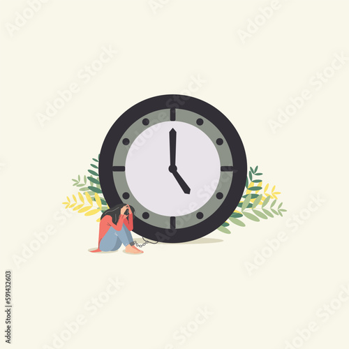 Vector depressed girl with big clock. Torturous waiting time concept illustration