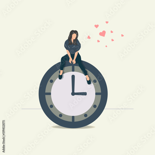 Girl sitting on the big clock looking to the flying pink heart shape illustration