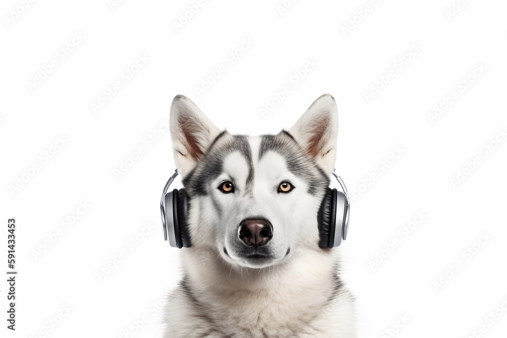 Funny husky dog in wireless headphones isolated on white background. The dog is listening to music.