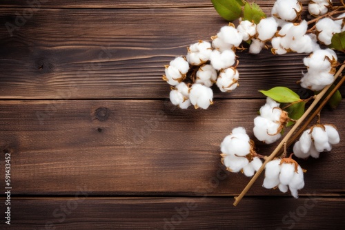  Cotton on wooden background. Generative AI