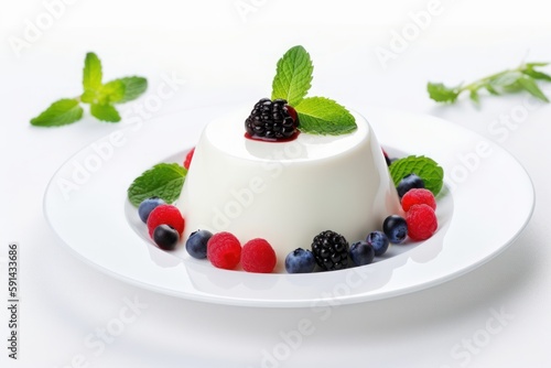 Panna cotta dessert with berries on white background Generative AI