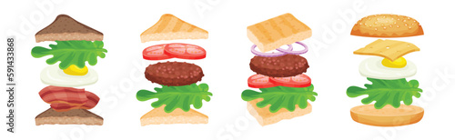 Burger with Floating Layer Ingredients as Fast Food Recipe Vector Set