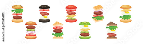 Burger with Floating Layer Ingredients as Fast Food Recipe Vector Set