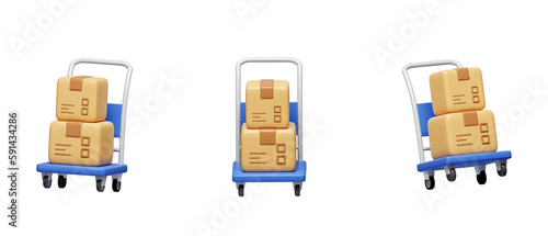 3d set of box transport trolley. for shopping online concept. icon isolated on white background. 3d rendering illustration. Clipping path.