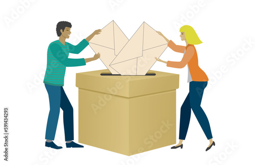 Man and woman, couple leaving their votes on laptop, the importance of say your opinion. Vote, election. Isolated. Vector illustration.